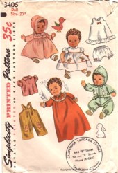 3406 SIMPLICITY 1950 24'' BABY DOLL DRESS, BLOUSE, SNOWSUIT, COAT, HAT PATTERN
